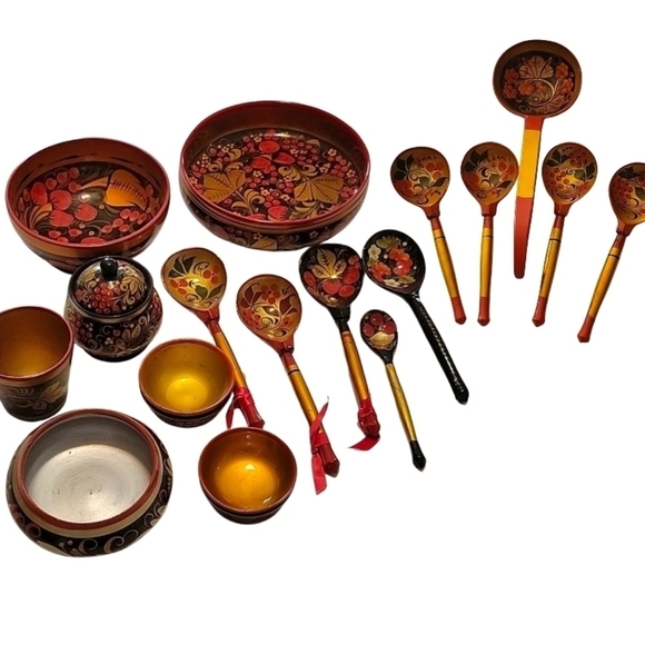 Russian Other - 1970s Collection of Khokhloma Hand-Painted Wood Lacquerware 18 Pcs.